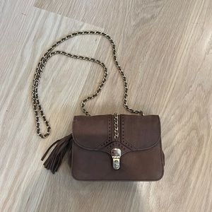 Brown suede pocketbook with gold chain details